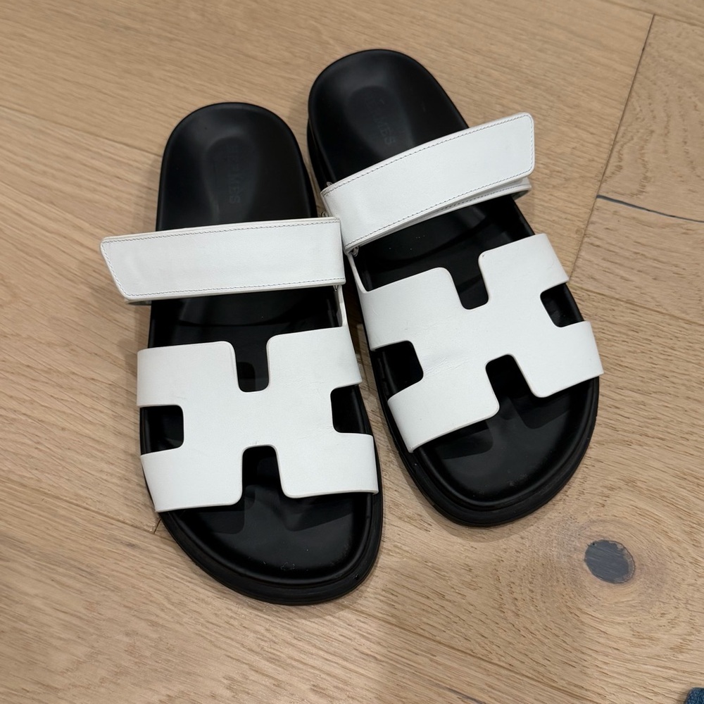 Hermes Chypre White and Black Slide Sandals